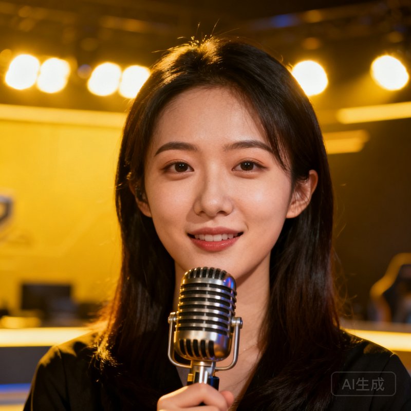 一位中国女性电竞赛事解说林晓彤的正面肖像，手持话筒，背景为演播室灯光。